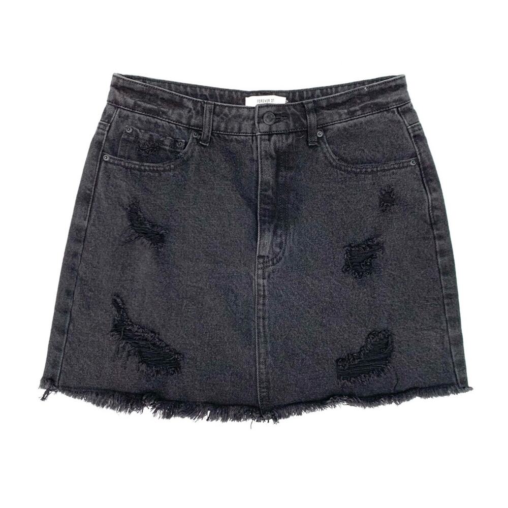 Forever 21 Black Distressed Fringed Raw Hem A Line Jean Mini Skirt